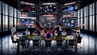 Modernes Marketing-Team im Büro vor großen Dashboards mit Performance-Kennzahlen, durchgestrichene Like- und Impression-Zahlen, Visualisierungen von Nutzerreisen und ein frustrierter Marketer mit alten, verwirrten Tracking-Kabeln.