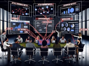 Modernes Marketing-Team im Büro vor großen Dashboards mit Performance-Kennzahlen, durchgestrichene Like- und Impression-Zahlen, Visualisierungen von Nutzerreisen und ein frustrierter Marketer mit alten, verwirrten Tracking-Kabeln.