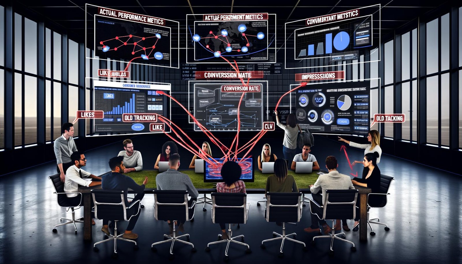 Modernes Marketing-Team im Büro vor großen Dashboards mit Performance-Kennzahlen, durchgestrichene Like- und Impression-Zahlen, Visualisierungen von Nutzerreisen und ein frustrierter Marketer mit alten, verwirrten Tracking-Kabeln.