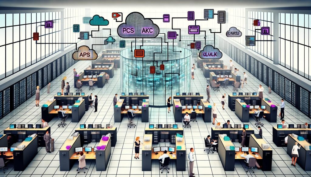 Moderne Büroumgebung mit getrennten Abteilungen, die durch digitale Datenbarrieren und gescheiterte API-Integration voneinander isoliert sind.