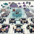 Moderne Büroumgebung mit getrennten Abteilungen, die durch digitale Datenbarrieren und gescheiterte API-Integration voneinander isoliert sind.