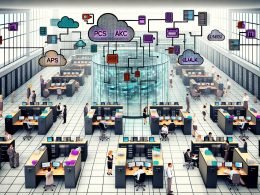 Moderne Büroumgebung mit getrennten Abteilungen, die durch digitale Datenbarrieren und gescheiterte API-Integration voneinander isoliert sind.