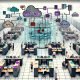 Moderne Büroumgebung mit getrennten Abteilungen, die durch digitale Datenbarrieren und gescheiterte API-Integration voneinander isoliert sind.