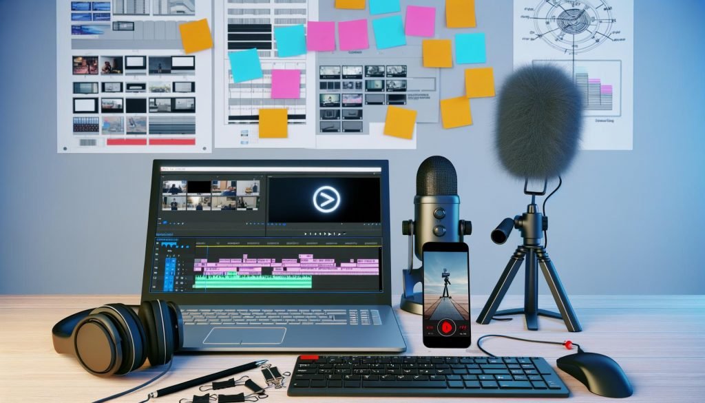 Aufgeräumter Schreibtisch eines TikTok-Creators mit Laptop, Mikrofon, Smartphone auf Stativ, Monitor mit Videobearbeitungsoftware, Kopfhörern und Storyboard-Zeichnungen im Hintergrund.