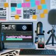 Aufgeräumter Schreibtisch eines TikTok-Creators mit Laptop, Mikrofon, Smartphone auf Stativ, Monitor mit Videobearbeitungsoftware, Kopfhörern und Storyboard-Zeichnungen im Hintergrund.