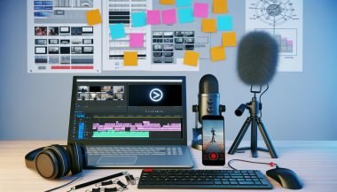 Aufgeräumter Schreibtisch eines TikTok-Creators mit Laptop, Mikrofon, Smartphone auf Stativ, Monitor mit Videobearbeitungsoftware, Kopfhörern und Storyboard-Zeichnungen im Hintergrund.