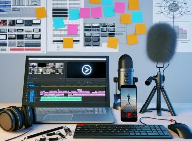 Aufgeräumter Schreibtisch eines TikTok-Creators mit Laptop, Mikrofon, Smartphone auf Stativ, Monitor mit Videobearbeitungsoftware, Kopfhörern und Storyboard-Zeichnungen im Hintergrund.