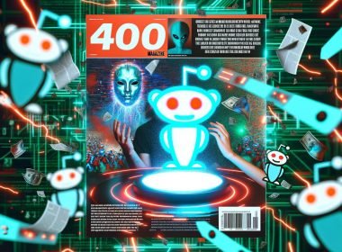 Digitales Titelbild mit Reddit-Icons, KI-Gesichtern und Memes, dominiert von leuchtenden türkis-roten Lichtakzenten, zentral ein Bildschirm mit KI-generierter Reddit-Ad, darüber das Reddit-Alien mit Krone als König, umgeben von zerknüllten klassischen Werbetexten und Datenströmen.