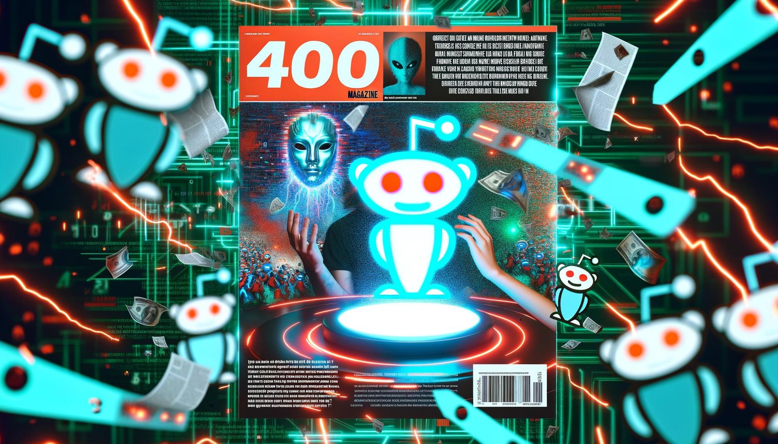 Digitales Titelbild mit Reddit-Icons, KI-Gesichtern und Memes, dominiert von leuchtenden türkis-roten Lichtakzenten, zentral ein Bildschirm mit KI-generierter Reddit-Ad, darüber das Reddit-Alien mit Krone als König, umgeben von zerknüllten klassischen Werbetexten und Datenströmen.