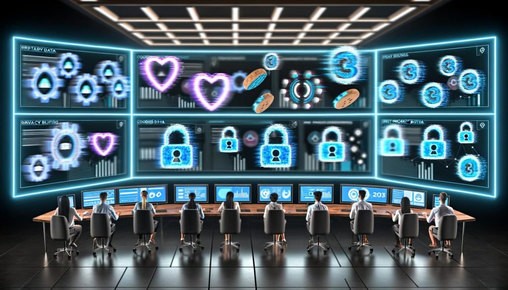 Futuristischer Kontrollraum für digitales Marketing mit holografischen Anzeigen, Datenschutz-Icons und Marketern, die Nutzerdaten analysieren