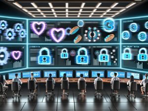 Futuristischer Kontrollraum für digitales Marketing mit holografischen Anzeigen, Datenschutz-Icons und Marketern, die Nutzerdaten analysieren