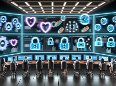 Futuristischer Kontrollraum für digitales Marketing mit holografischen Anzeigen, Datenschutz-Icons und Marketern, die Nutzerdaten analysieren