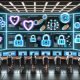 Futuristischer Kontrollraum für digitales Marketing mit holografischen Anzeigen, Datenschutz-Icons und Marketern, die Nutzerdaten analysieren