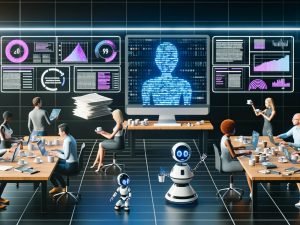 Team arbeitet gemeinsam in einem futuristischen Großraumbüro mit KI-Avataren, leuchtenden Datenströmen, Desktop-Computern, Tablets und automatisierten Roboterarmen, umgeben von Redaktionsplänen und Notizbüchern.