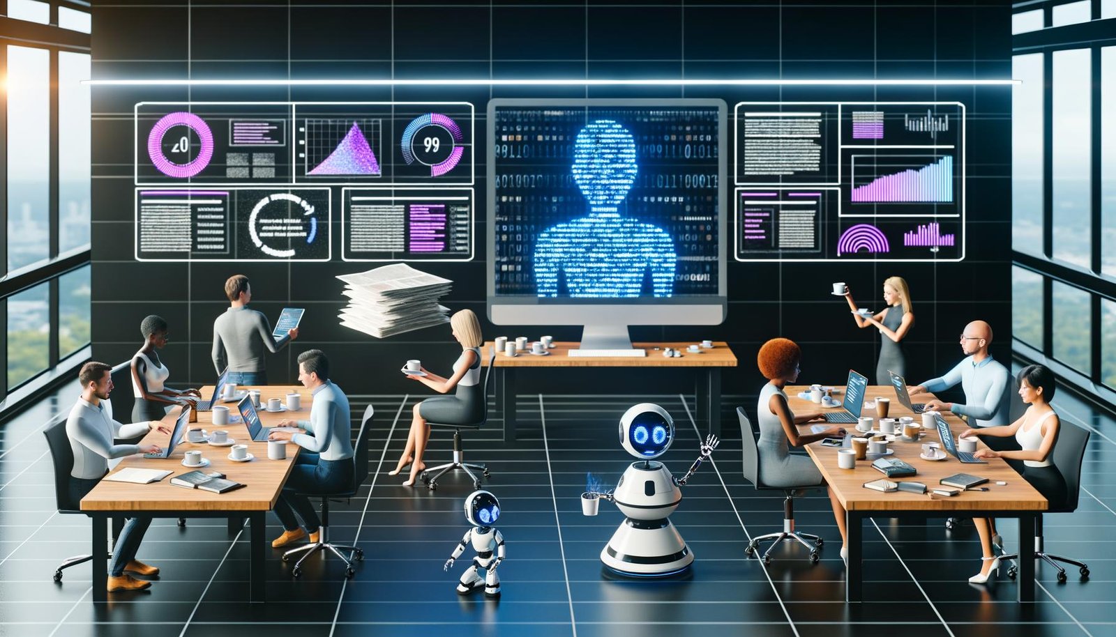 Team arbeitet gemeinsam in einem futuristischen Großraumbüro mit KI-Avataren, leuchtenden Datenströmen, Desktop-Computern, Tablets und automatisierten Roboterarmen, umgeben von Redaktionsplänen und Notizbüchern.