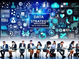 Dynamische Collage mit Schriftzug „Datenstrategie Anwendung: Erfolgsfaktor für smarte Entscheidungen“, Datennetzwerken, modernen Dashboards, KI-Symbolen und einer Gruppe von Professionals, die konzentriert Daten analysieren.