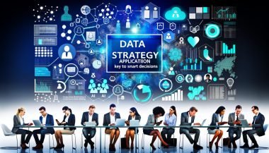 Dynamische Collage mit Schriftzug „Datenstrategie Anwendung: Erfolgsfaktor für smarte Entscheidungen“, Datennetzwerken, modernen Dashboards, KI-Symbolen und einer Gruppe von Professionals, die konzentriert Daten analysieren.