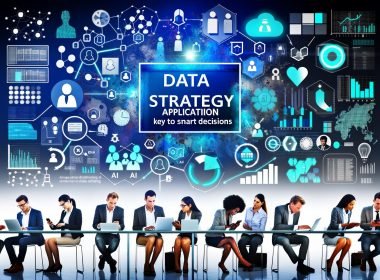 Dynamische Collage mit Schriftzug „Datenstrategie Anwendung: Erfolgsfaktor für smarte Entscheidungen“, Datennetzwerken, modernen Dashboards, KI-Symbolen und einer Gruppe von Professionals, die konzentriert Daten analysieren.