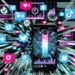 Futuristische TikTok-Collage mit Smartphone, explodierendem Balkendiagramm, viralen Videos, schwebenden Likes und Hashtags, umgeben von leuchtenden, kontrastreichen Farben.