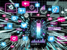 Futuristische TikTok-Collage mit Smartphone, explodierendem Balkendiagramm, viralen Videos, schwebenden Likes und Hashtags, umgeben von leuchtenden, kontrastreichen Farben.
