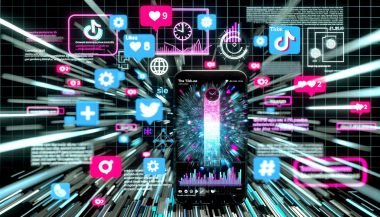 Futuristische TikTok-Collage mit Smartphone, explodierendem Balkendiagramm, viralen Videos, schwebenden Likes und Hashtags, umgeben von leuchtenden, kontrastreichen Farben.