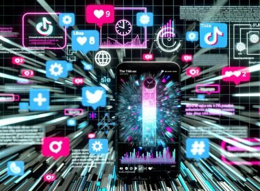 Futuristische TikTok-Collage mit Smartphone, explodierendem Balkendiagramm, viralen Videos, schwebenden Likes und Hashtags, umgeben von leuchtenden, kontrastreichen Farben.
