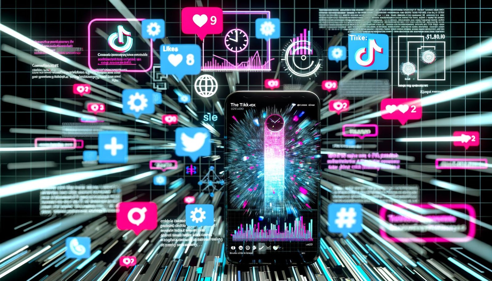 Futuristische TikTok-Collage mit Smartphone, explodierendem Balkendiagramm, viralen Videos, schwebenden Likes und Hashtags, umgeben von leuchtenden, kontrastreichen Farben.