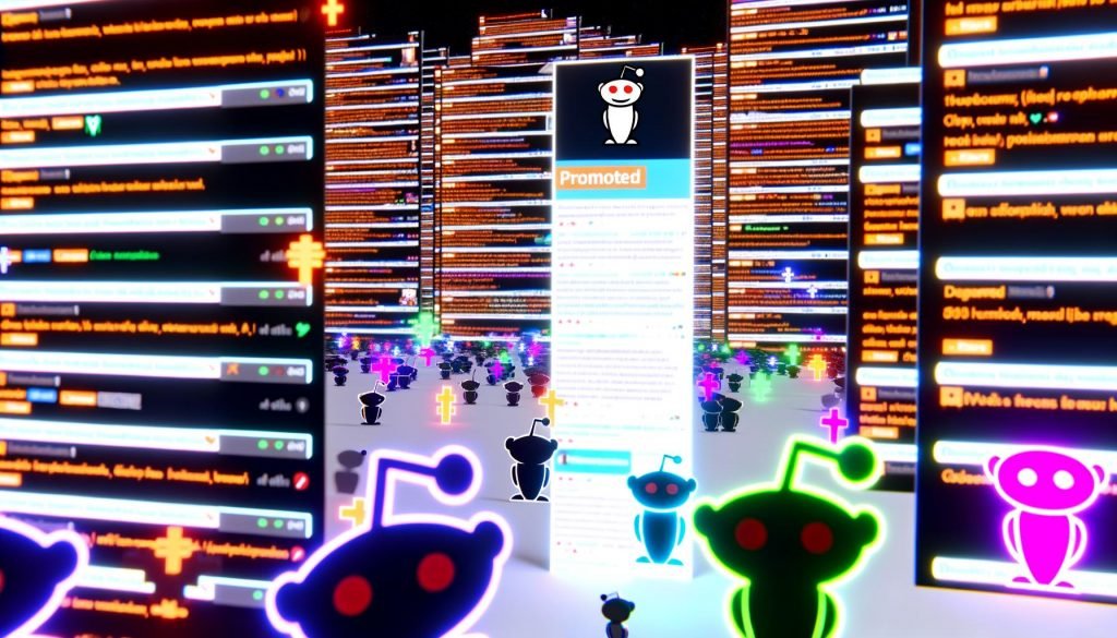 Reddit-Interface mit Promoted-Post, Memes, humorvollen Kommentaren, Community-Avataren, Upvote-Pfeilen und farbigen Subreddit-Tabs.
