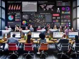Online-Marketing-Team analysiert lebendige Datenvisualisierungen und Echtzeit-Dashboards in einem modernen, dunklen Arbeitsraum.