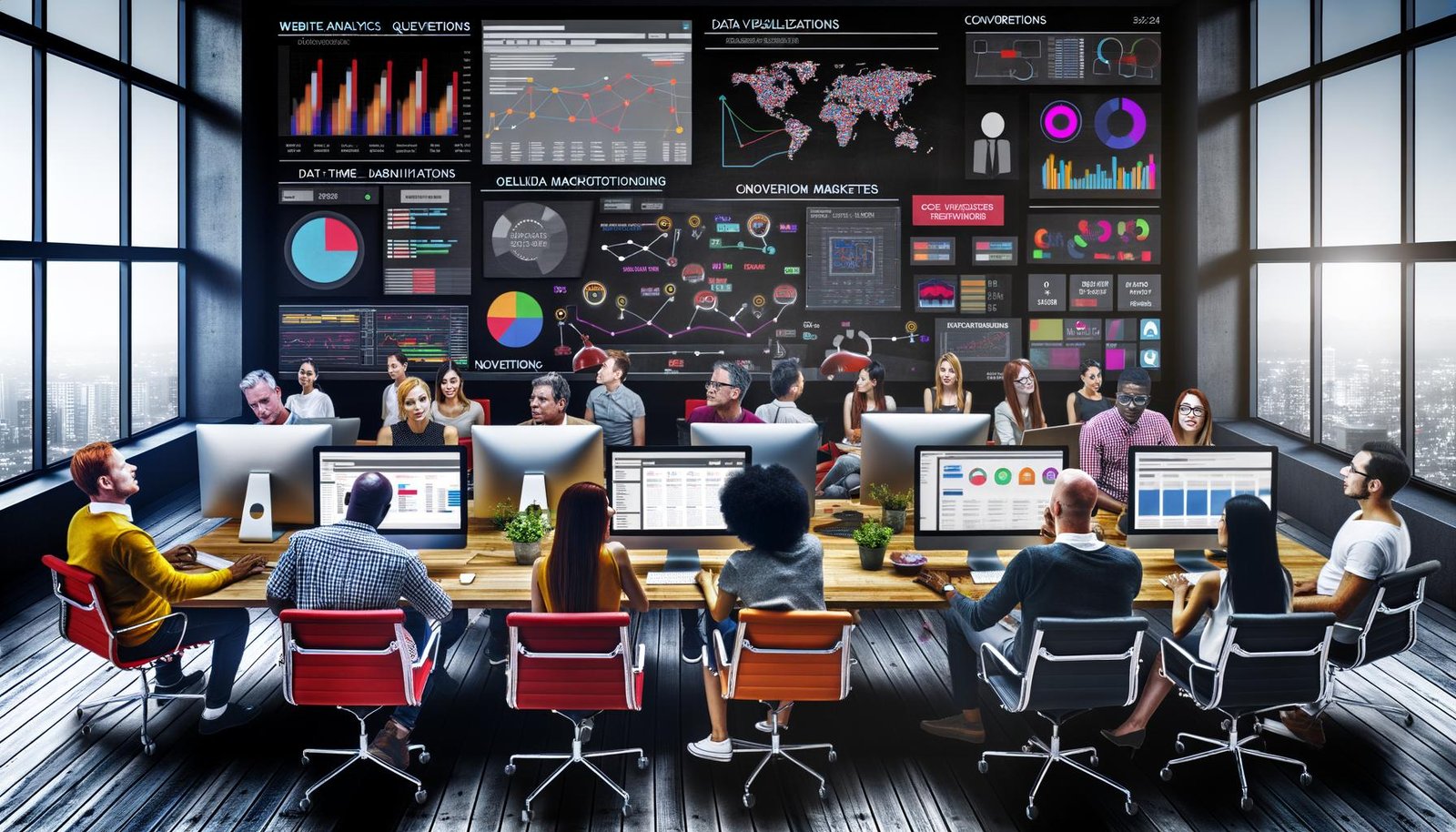 Online-Marketing-Team analysiert lebendige Datenvisualisierungen und Echtzeit-Dashboards in einem modernen, dunklen Arbeitsraum.