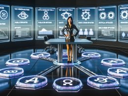 Hochmodernes Büro mit digitalen Displays, automatisierten Inhalten, KI-Tools wie ChatGPT und Jasper sowie Hologrammen für Content-Analyse und SEO. Geschäftsperson vor futuristischem Arbeitsplatz; ausrangierte Papierstapel im Hintergrund.