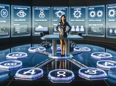 Hochmodernes Büro mit digitalen Displays, automatisierten Inhalten, KI-Tools wie ChatGPT und Jasper sowie Hologrammen für Content-Analyse und SEO. Geschäftsperson vor futuristischem Arbeitsplatz; ausrangierte Papierstapel im Hintergrund.