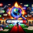 Digitales Schlachtfeld mit leuchtendem Google-Suchfeld im Zentrum, umgeben von brennenden SEO-Altlasten und Experten-Menge im Hintergrund. Im Vordergrund zeigt ein Experte auf moderne SEO-Symbole.