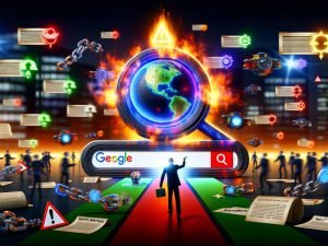 Digitales Schlachtfeld mit leuchtendem Google-Suchfeld im Zentrum, umgeben von brennenden SEO-Altlasten und Experten-Menge im Hintergrund. Im Vordergrund zeigt ein Experte auf moderne SEO-Symbole.