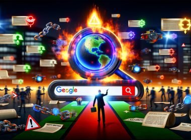 Digitales Schlachtfeld mit leuchtendem Google-Suchfeld im Zentrum, umgeben von brennenden SEO-Altlasten und Experten-Menge im Hintergrund. Im Vordergrund zeigt ein Experte auf moderne SEO-Symbole.