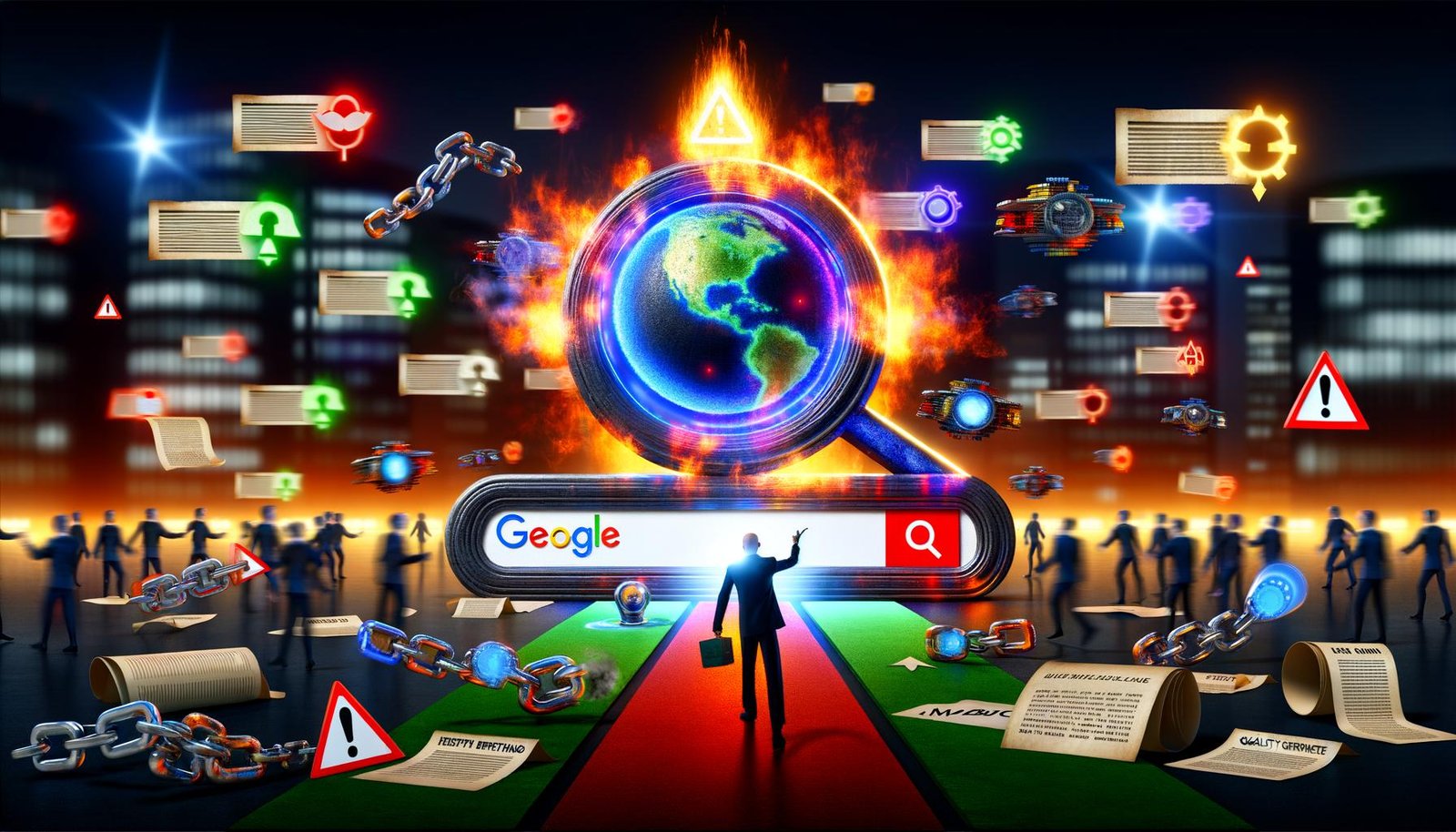 Digitales Schlachtfeld mit leuchtendem Google-Suchfeld im Zentrum, umgeben von brennenden SEO-Altlasten und Experten-Menge im Hintergrund. Im Vordergrund zeigt ein Experte auf moderne SEO-Symbole.