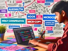 Junger Creator sitzt konzentriert vor Laptop und Smartphone mit TikTok-Apps, umgeben von Notizzetteln, Buzzwords und bunten Post-its mit TikTok-Captions und Hashtags in einem modernen Arbeitsplatz.