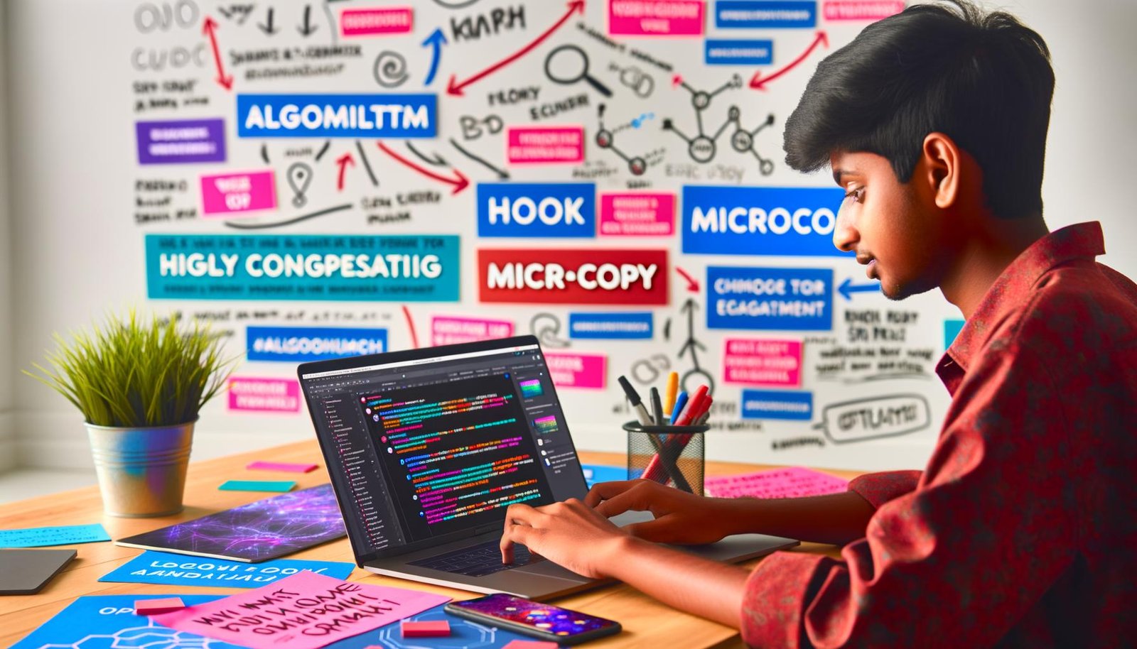 Junger Creator sitzt konzentriert vor Laptop und Smartphone mit TikTok-Apps, umgeben von Notizzetteln, Buzzwords und bunten Post-its mit TikTok-Captions und Hashtags in einem modernen Arbeitsplatz.
