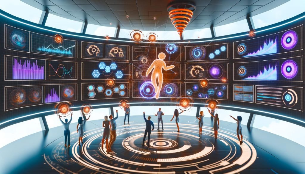 Ein dynamisches Control Center mit riesigen Bildschirmen zeigt Marketing-Analytics, Reddit-Feeds und Heatmaps, während vielfältige Marketer gemeinsam an Algorithmen und schwebenden Subreddits arbeiten. Im Hintergrund erscheint diskret das Reddit-Maskottchen.