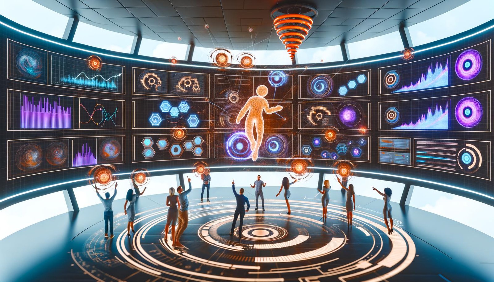Ein dynamisches Control Center mit riesigen Bildschirmen zeigt Marketing-Analytics, Reddit-Feeds und Heatmaps, während vielfältige Marketer gemeinsam an Algorithmen und schwebenden Subreddits arbeiten. Im Hintergrund erscheint diskret das Reddit-Maskottchen.