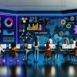 Modernes Büro mit verschiedenen Marketern, die bunte Datenvisualisierungen und KI-Analysen auf großen Bildschirmen besprechen. Neon-Elemente, virtuelle Symbole und eine innovative Arbeitsumgebung repräsentieren die Zukunft des Marketings 2025.