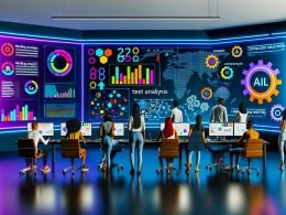Modernes Büro mit verschiedenen Marketern, die bunte Datenvisualisierungen und KI-Analysen auf großen Bildschirmen besprechen. Neon-Elemente, virtuelle Symbole und eine innovative Arbeitsumgebung repräsentieren die Zukunft des Marketings 2025.