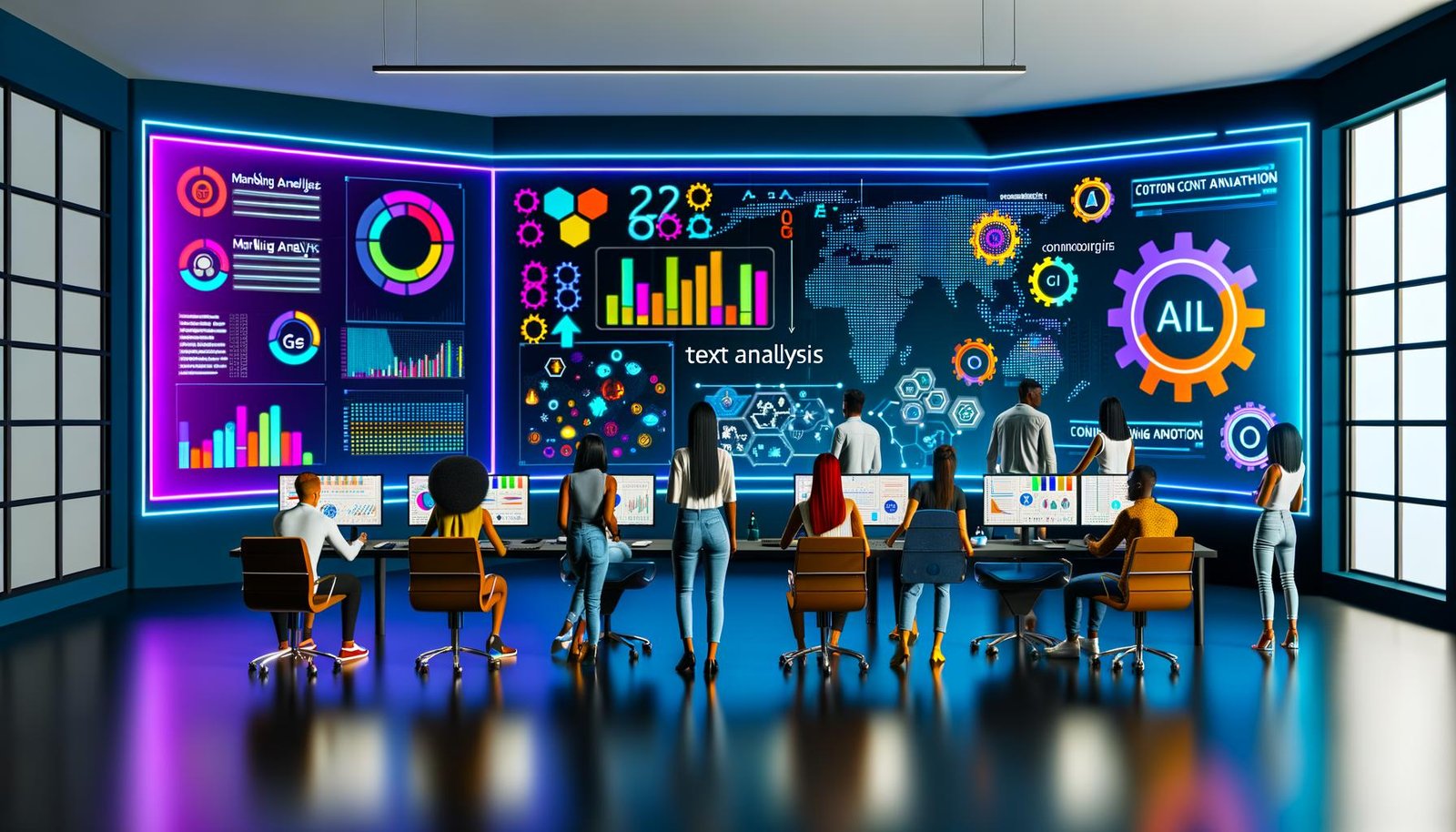 Modernes Büro mit verschiedenen Marketern, die bunte Datenvisualisierungen und KI-Analysen auf großen Bildschirmen besprechen. Neon-Elemente, virtuelle Symbole und eine innovative Arbeitsumgebung repräsentieren die Zukunft des Marketings 2025.