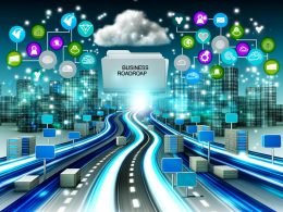 Dynamische Illustration einer digitalen Schnellstraße durch eine futuristische Stadt mit Datenquellen, Cloud-Symbolen, Governance-Dokumenten, KPI-Dashboards und einem großen Dossier 'Datenstrategie 2025'.