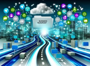 Dynamische Illustration einer digitalen Schnellstraße durch eine futuristische Stadt mit Datenquellen, Cloud-Symbolen, Governance-Dokumenten, KPI-Dashboards und einem großen Dossier 'Datenstrategie 2025'.