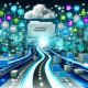 Dynamische Illustration einer digitalen Schnellstraße durch eine futuristische Stadt mit Datenquellen, Cloud-Symbolen, Governance-Dokumenten, KPI-Dashboards und einem großen Dossier 'Datenstrategie 2025'.