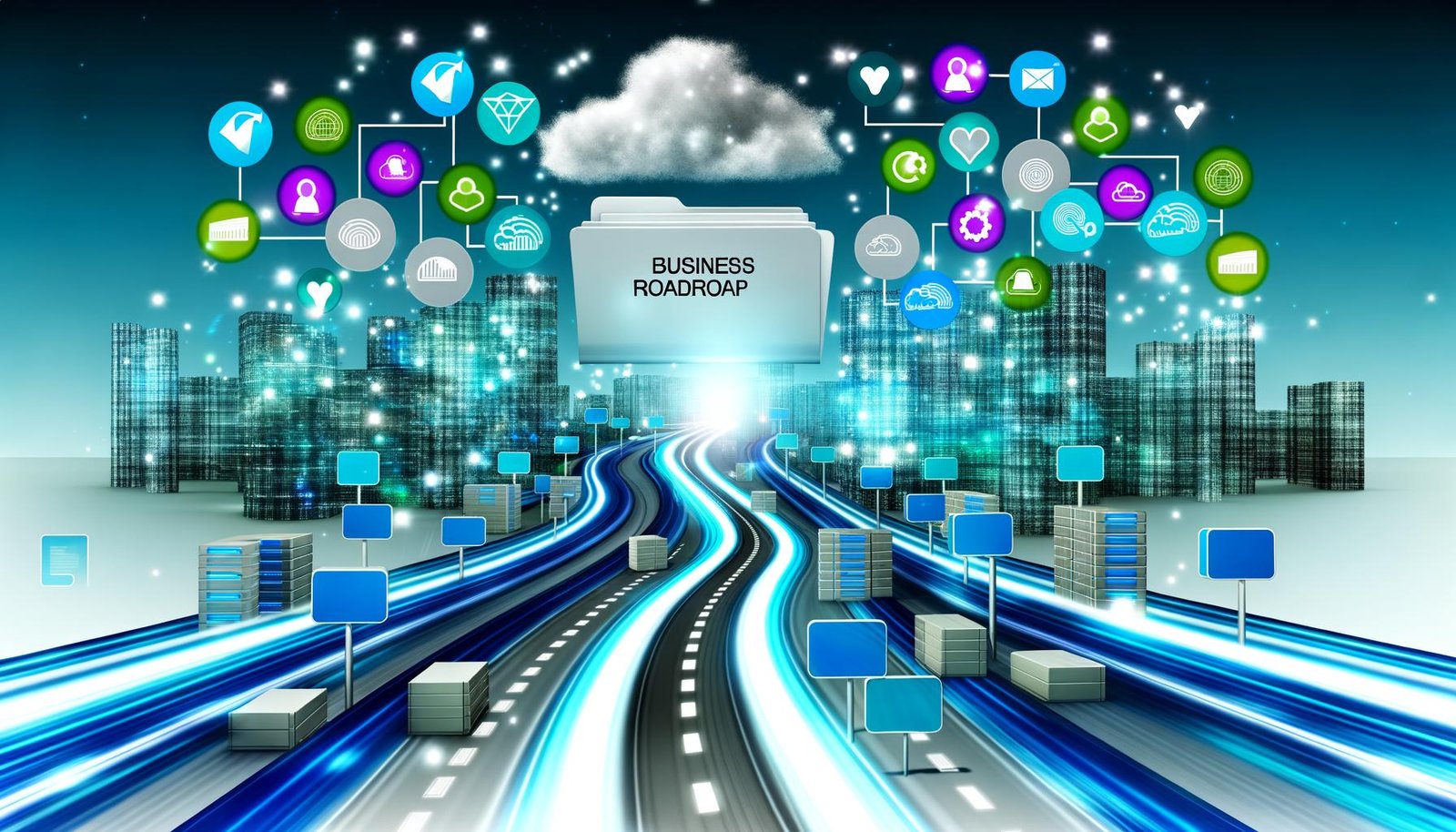 Dynamische Illustration einer digitalen Schnellstraße durch eine futuristische Stadt mit Datenquellen, Cloud-Symbolen, Governance-Dokumenten, KPI-Dashboards und einem großen Dossier 'Datenstrategie 2025'.