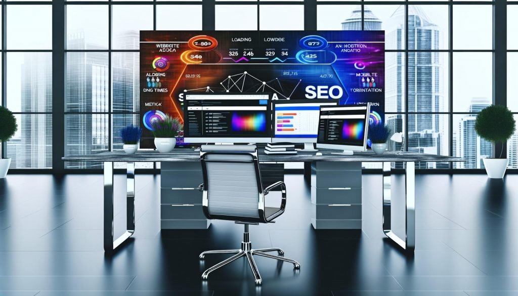 Moderner Arbeitsplatz mit mehreren Monitoren, auf denen SEO-Tools, Diagramme, Website-Analysen und Grafiken zu Ladezeiten, Mobile-Optimierung und Linkbuilding angezeigt werden. Im Hintergrund SEO-Strategien auf einem Whiteboard.