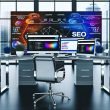 Moderner Arbeitsplatz mit mehreren Monitoren, auf denen SEO-Tools, Diagramme, Website-Analysen und Grafiken zu Ladezeiten, Mobile-Optimierung und Linkbuilding angezeigt werden. Im Hintergrund SEO-Strategien auf einem Whiteboard.