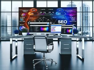 Moderner Arbeitsplatz mit mehreren Monitoren, auf denen SEO-Tools, Diagramme, Website-Analysen und Grafiken zu Ladezeiten, Mobile-Optimierung und Linkbuilding angezeigt werden. Im Hintergrund SEO-Strategien auf einem Whiteboard.